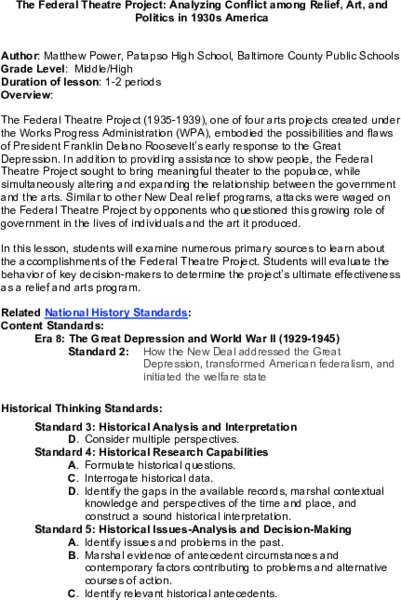 The Federal Theatre Project: Analyzing Conflict Among Relief, Art, and Politics in 1930s America Lesson Plan