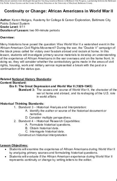 Continuity or Change? African Americans in World War II Lesson Plan