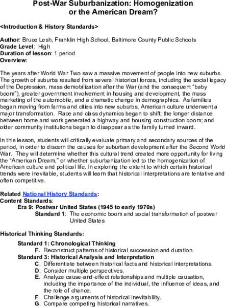 Post-War Suburbanization: Homogenization Lesson Plan