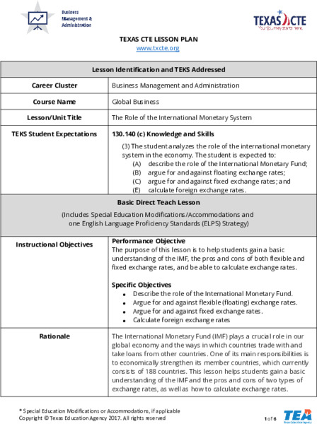Role of the International Monetary System Lesson Plan