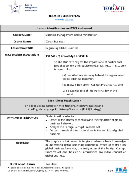 Regulating Global Business Lesson Plan