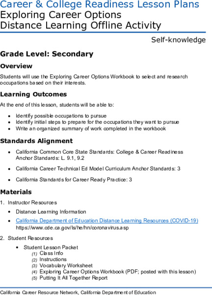 Exploring Career Options Distance Learning Offline Activity Lesson Plan
