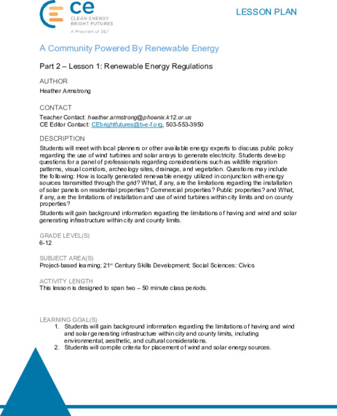Renewable Energy Panel Lesson Plan