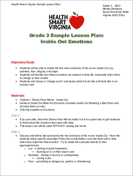 Inside Out Emotions Lesson Plan