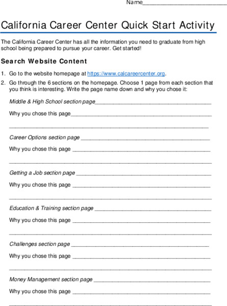 California Career Center Quick Start Activity Activity