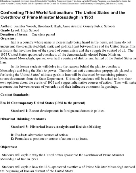 Confronting Third World Nationalism: The United States and the Overthrow of Prime Minister Mossadegh Lesson Plan