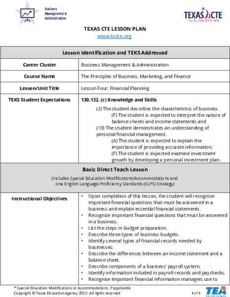 Financial Planning in Business Lesson Plan