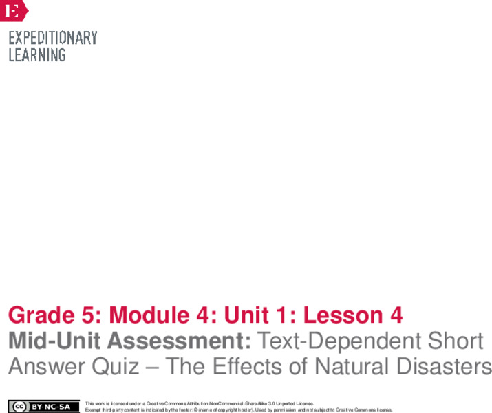 Mid-Unit Assessment: Text-Dependent Short-Answer Quiz—The Effects of Natural Disasters Lesson Plan