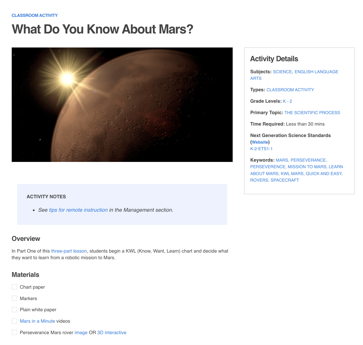 What Do You Know About Mars? Activity