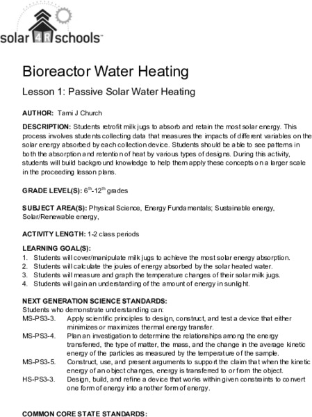 Passive Solar Water Heating Lesson Plan