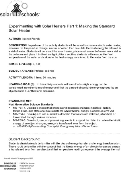 Making the Standard Solar Heater Lesson Plan