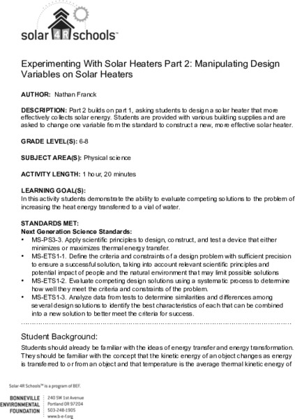 Manipulating Design Variables on Solar Heaters Lesson Plan