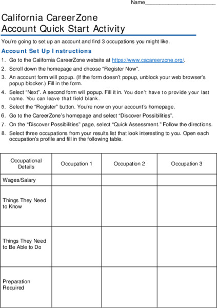 California CareerZone Account Quick Start Activity Activity