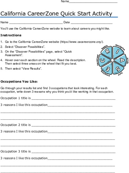 California CareerZone Quick Start Activity Activity