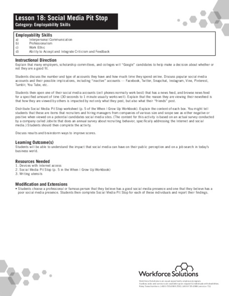 Social Media Pit Stop Lesson Plan