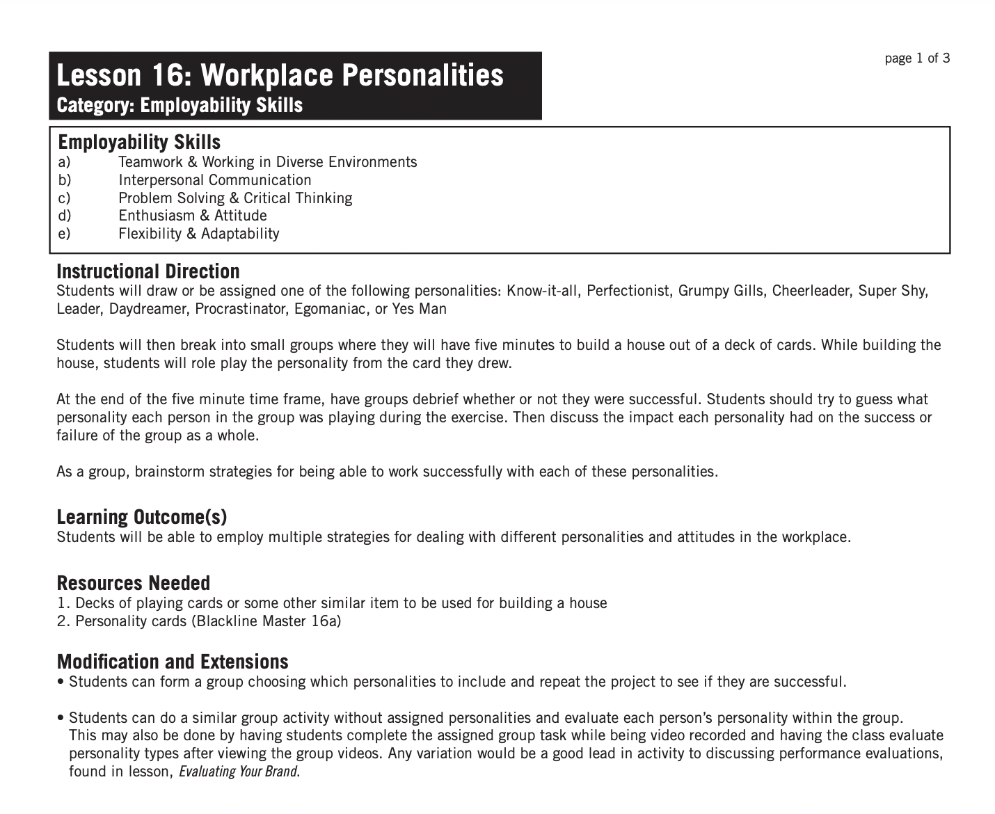 Workplace Personalities Lesson Plan