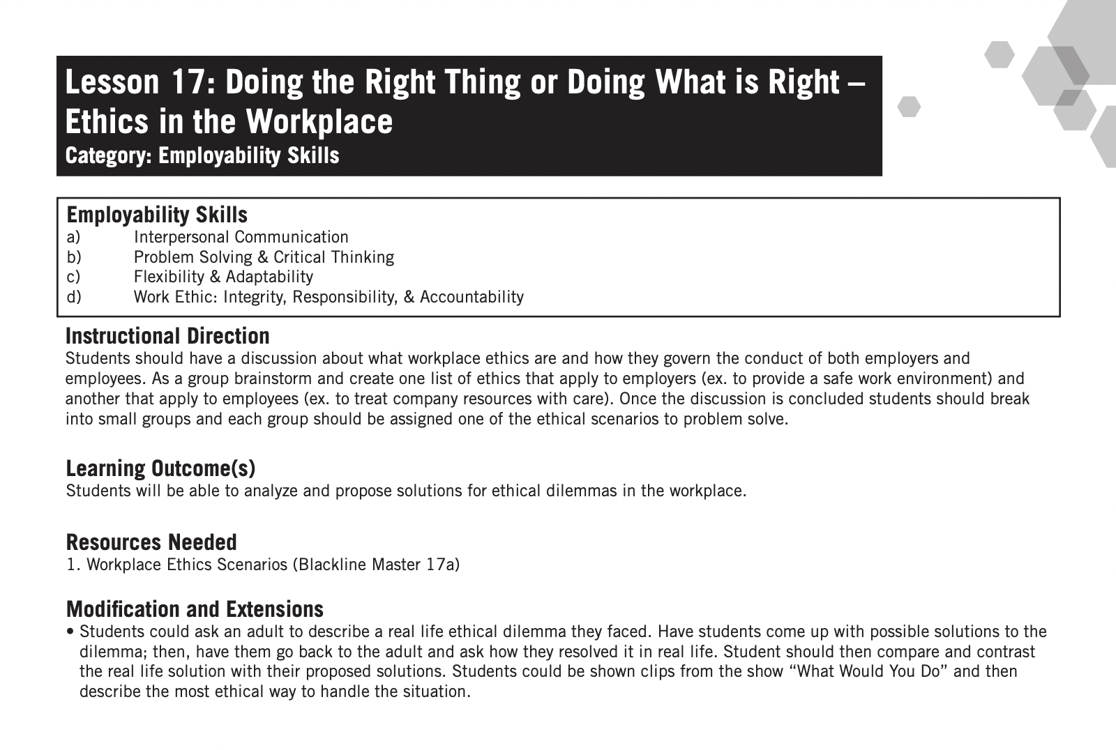 Workplace Ethics Lesson Plan