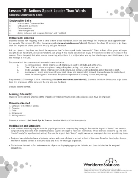 Actions Speak Louder Than Words Lesson Plan