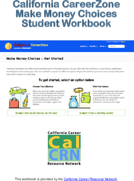 California CareerZone Make Money Choices Student Workbook Activity