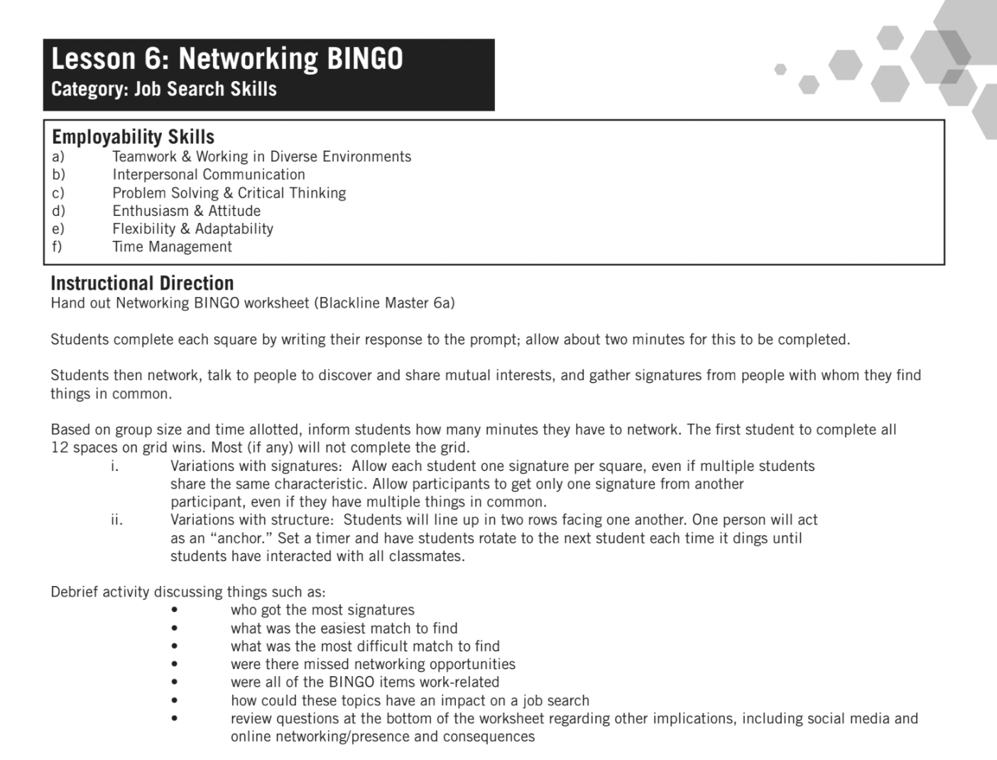 Networking BINGO Lesson Plan