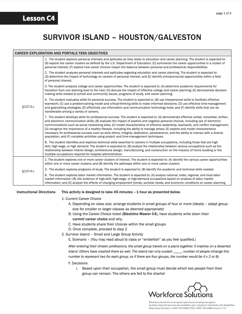 Survivor Island Lesson Plan