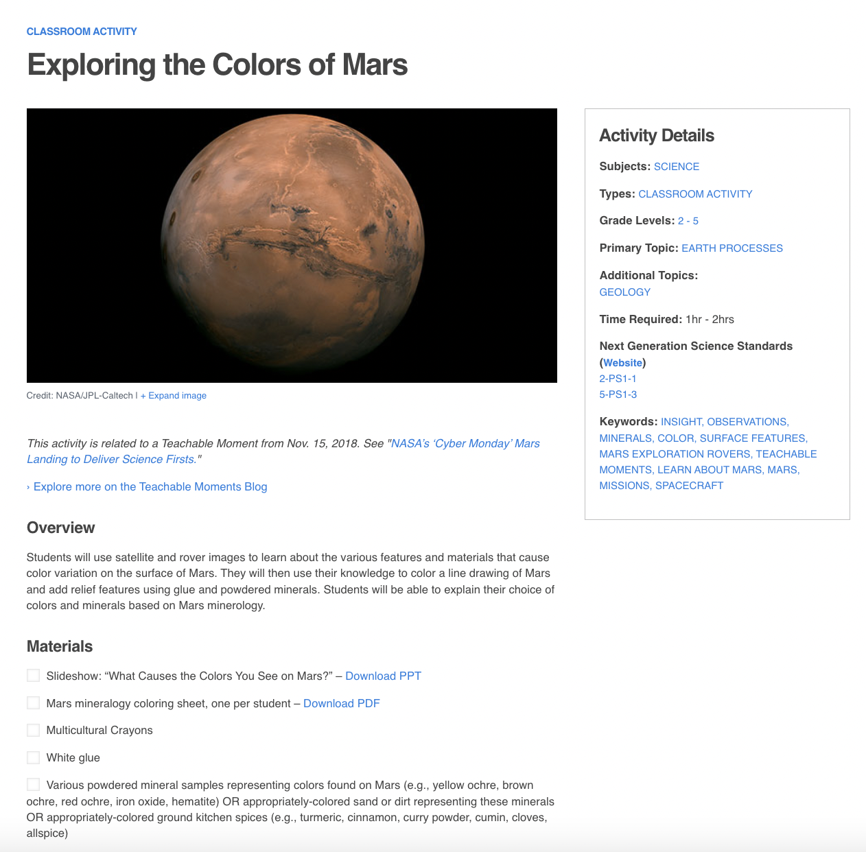 Exploring the Colors of Mars Activity