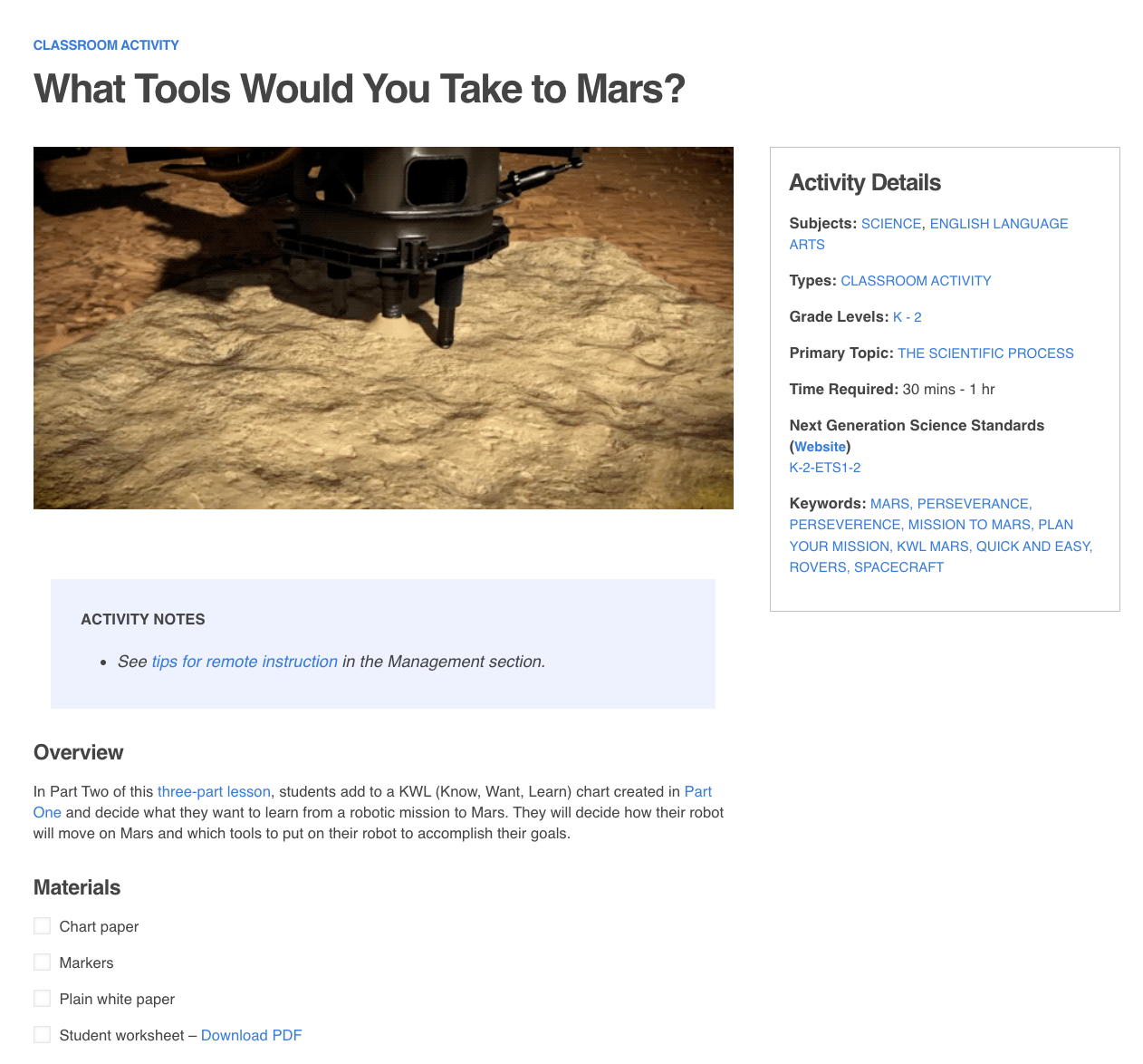 What Tools Would You Take to Mars? Activity