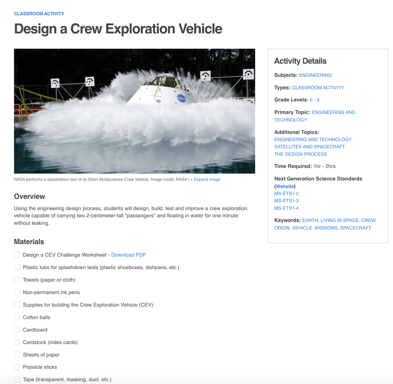 Design a Crew Exploration Vehicle Activity