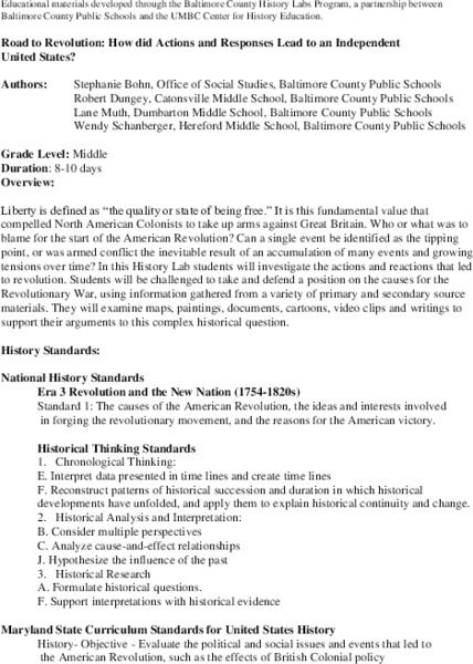 Road to Revolution: How did Actions and Responses Lead to an Independent United States? Lesson Plan