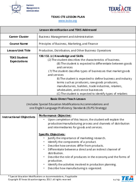 Production, Distribution, and Other Business Operations Lesson Plan