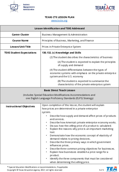 Prices in Private Enterprise System Lesson Plan