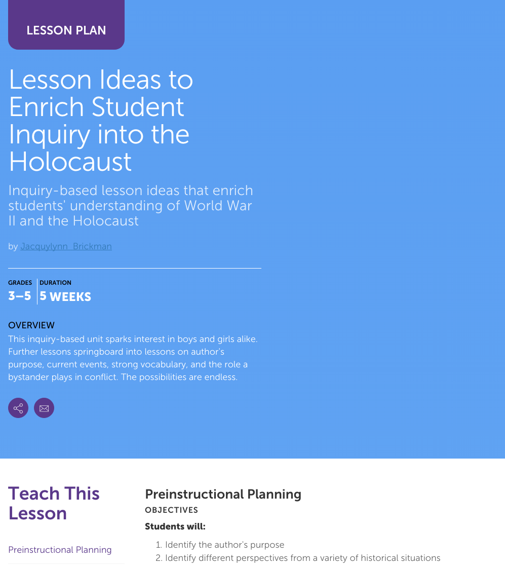 Lesson Ideas to Enrich Student Inquiry into the Holocaust Lesson Plan