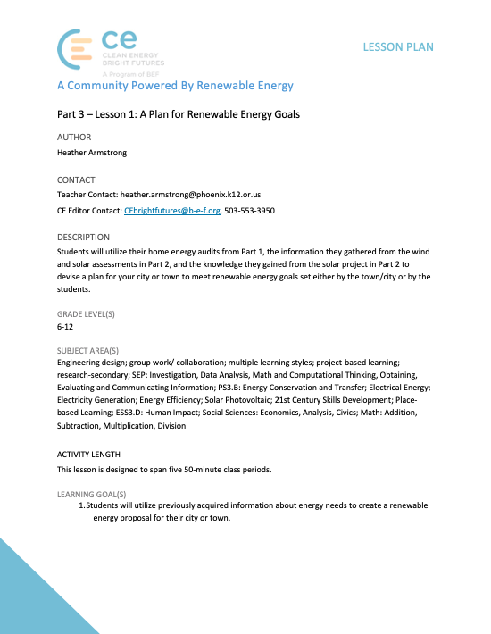 A Plan for Renewable Energy Goals Lesson Plan
