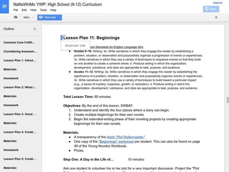 Lesson Plan 11: Beginnings Lesson Plan