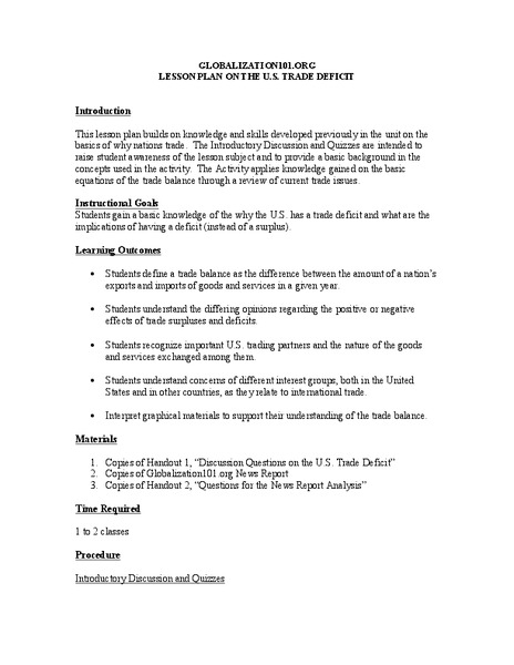 Lesson Plan on the U.S. Trade Deficit Lesson Plan