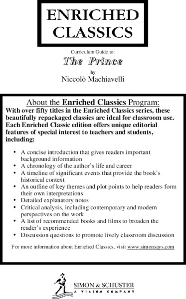 Curriculum Guide to: The Prince by Niccolò Machiavelli Unit Plan