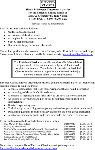 Classroom Activities for Sense and Sensibility by Jane Austen Unit Plan