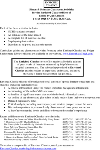 Classroom Activities for Emma by Jane Austen Unit Plan
