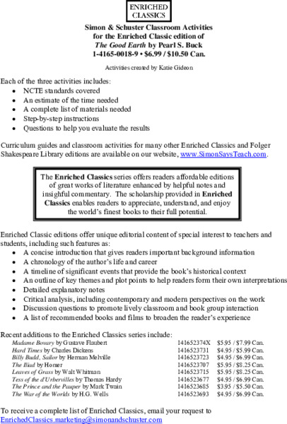 Classroom Activities for The Good Earth by Pearl S. Buck Unit Plan