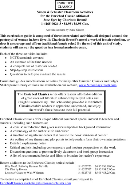 Classroom Activities for Jane Eyre by Charlotte Brontë Unit Plan