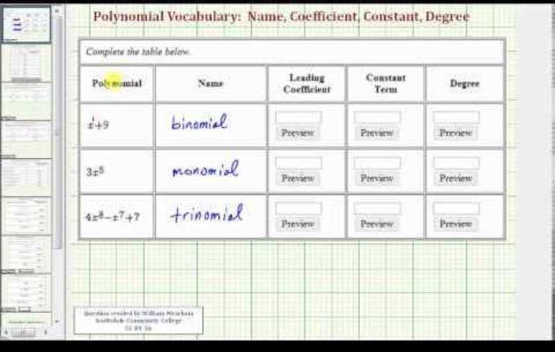 Polynomial Terminology: Name, Coefficient, Constant, Degree (Example) Instructional Video