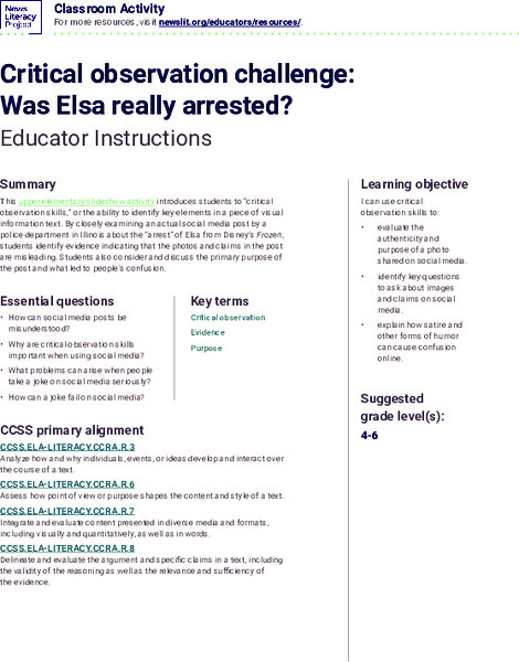 Critical Observation Challenge: Was Elsa Really Arrested? Activity