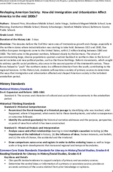 Reshaping American Society: How did Immigration and Urbanization Affect America in the mid 1800s? Lesson Plan