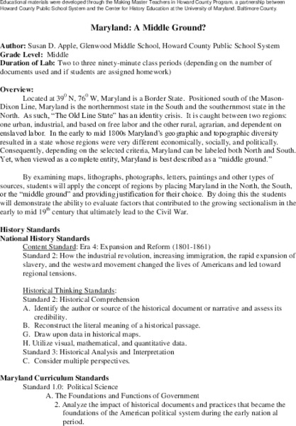 Maryland: A Middle Ground? Lesson Plan