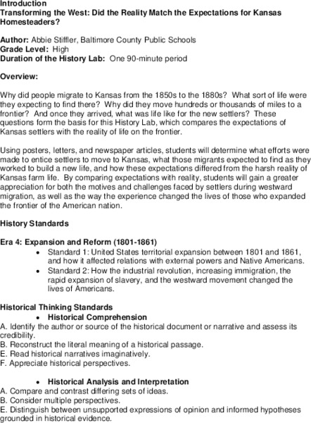 Transforming the West: Did the Reality Match the Expectations for Kansas Homesteaders? Lesson Plan