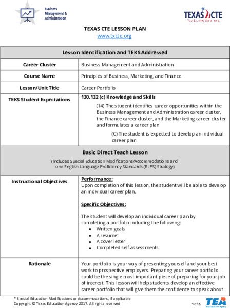 Career Portfolio Lesson Plan