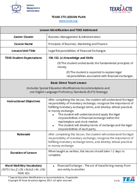 Legal Responsibilities of Financial Exchanges Lesson Plan