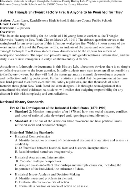 The Triangle Shirtwaist Factory Fire: Is Anyone to be Punished for This? Lesson Plan