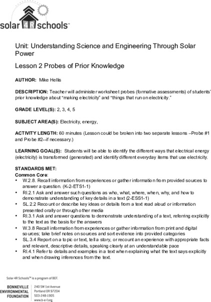 Probes of Prior Knowledge Lesson Plan