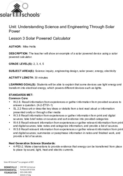 Solar Powered Calculator Lesson Plan